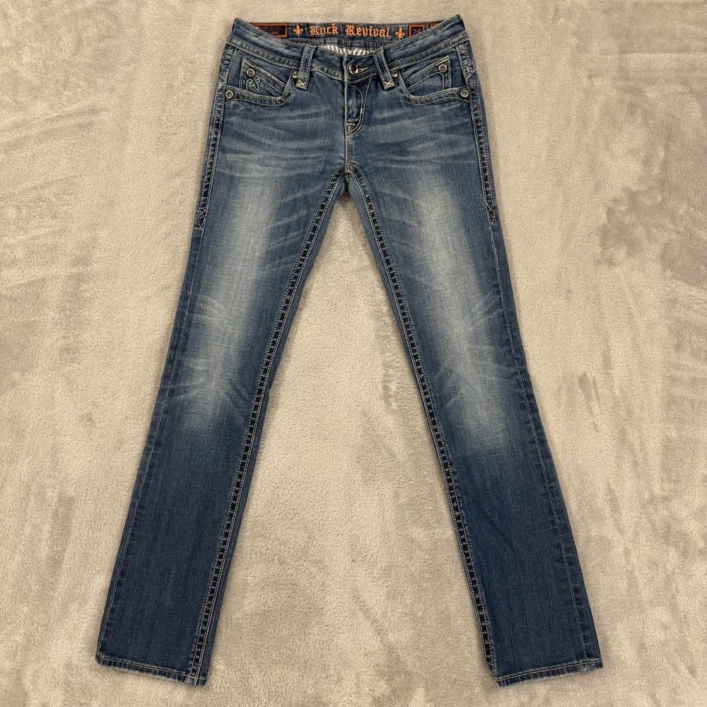 Rock Revival Jeans Womens 28x31 Pat Easy Straight Low Rise Stretch Blue Grunge